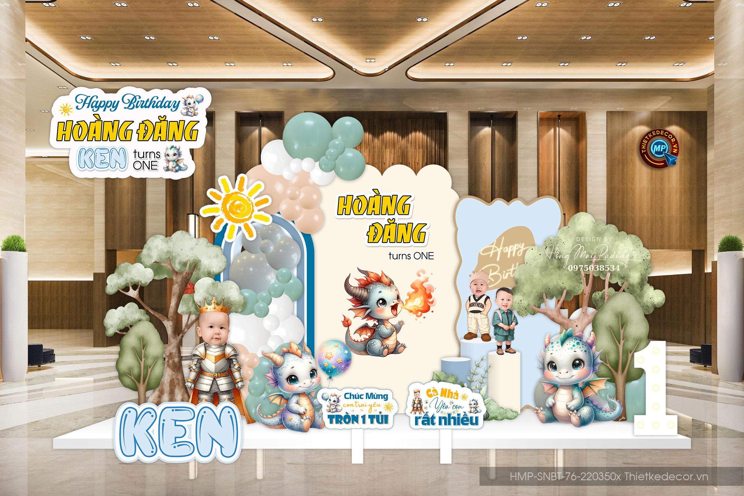 Tiệc sinh nhật bé trai tuổi rồng tone xanh be yêu thiên nhiên